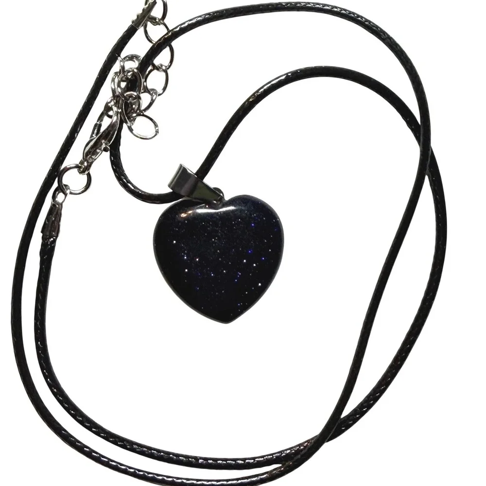 Blue Goldstone Heart Pendant‎ Necklace Starry Night Galaxy Stone Black Cord